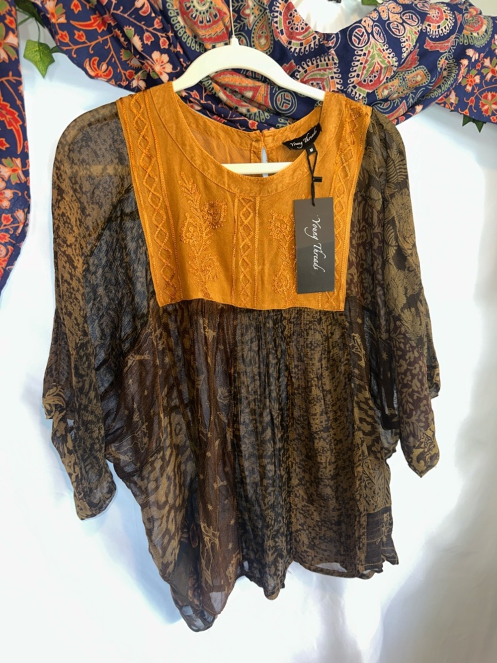 Young threads Boho Lace Yoke Tunic in Mustard and Brown